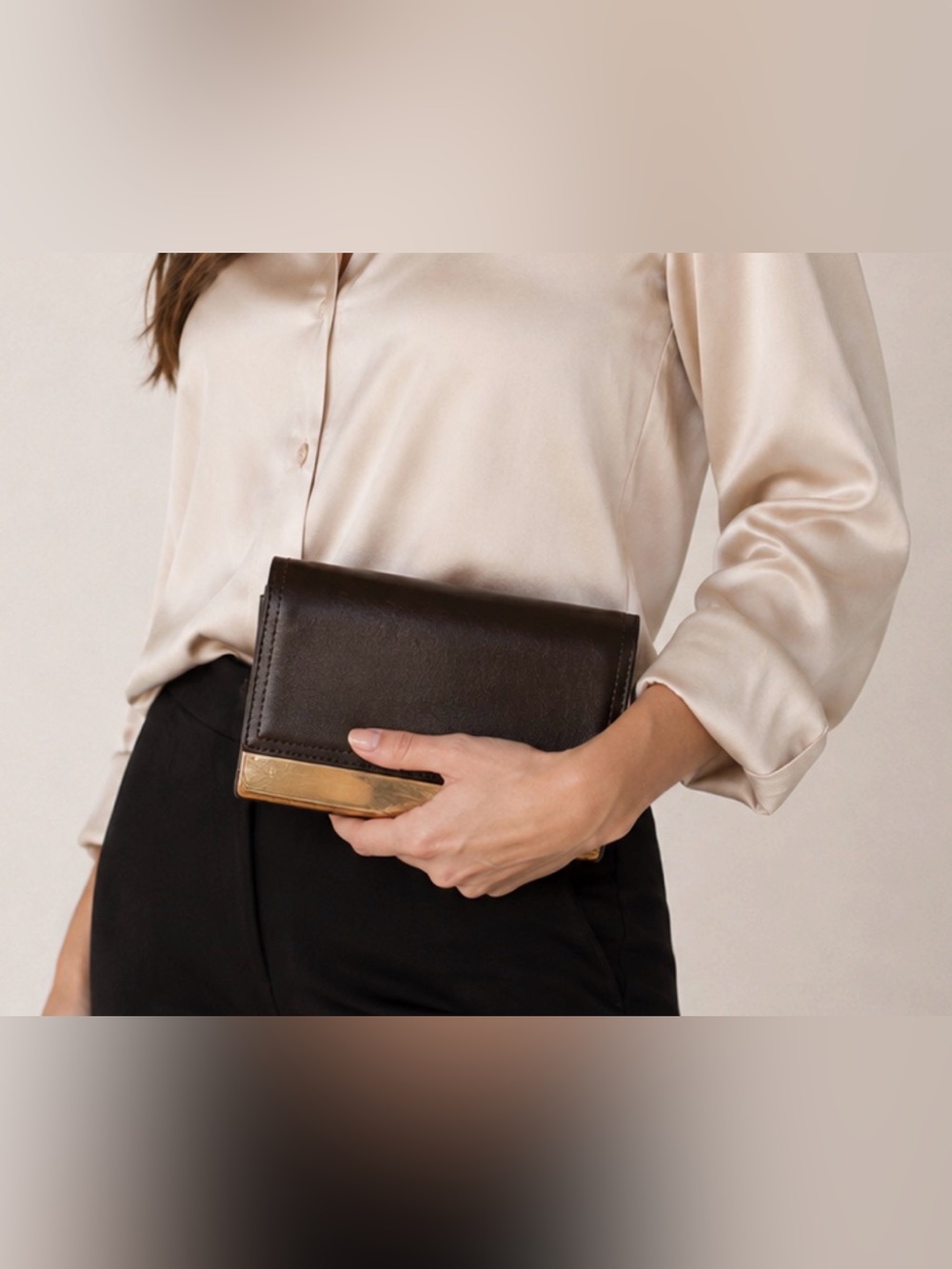 Steven by Steve Madden Two Toned Leather Clutch in Chocolate Brown and Gold OS